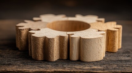 Poster - Elegant wooden gear wheel representing synchronization and mechanisms in business innovation and collaborative processes