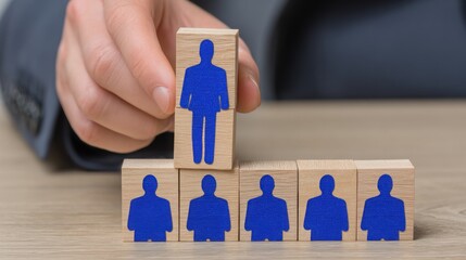 Poster - Individual placing a wooden block with a blue silhouette of a person representing business transformation leadership