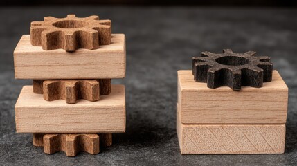 Poster - Unique wooden block with a wooden symbolizing business transformation and team leadership in a creative context