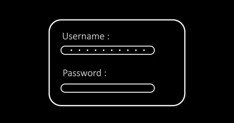 User login credentials simple ui animated page with input fields and asterisk sign for encryption. User login page motion graphic 4K. Typing username and password, system token. 
