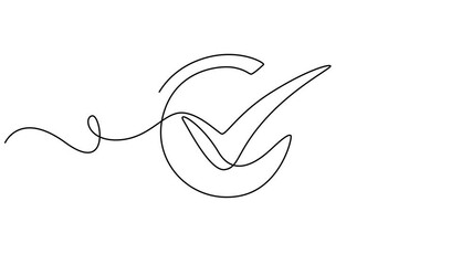 Poster - Video. Check mark continuous line art drawing. Tick one line icon. Animation on white background 4K, checkmark animation continuous one line drawing, Animation of a single line drawing of a checkmark.