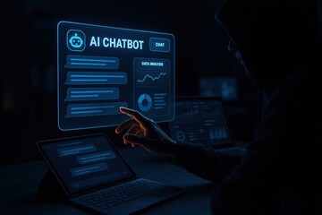 Poster - AI Chatbot Interface in Dark: A shadowy figure interacts with an advanced AI Chatbot interface on a holographic screen, surrounded by futuristic technology and digital displays.