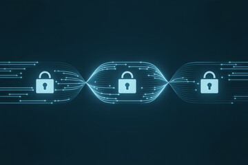 Aufkleber - Secure digital network with glowing interconnected locks and data streams on dark background