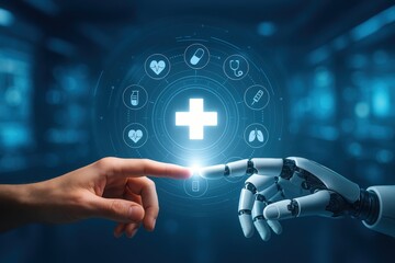 Poster - .Close-up of a human and robotic hand connecting beneath digital medical icons, representing the collaboration between artificial intelligence and healthcare innovation
