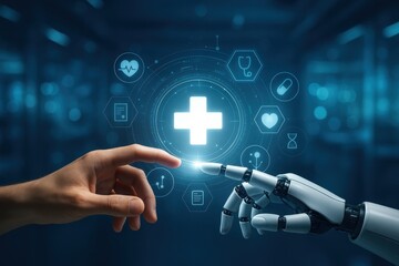 Poster - Digital Healthcare and Human Connection: a visual narrative exploring the intersection of human touch and technological advancement in modern healthcare, represented by a glowing plus sign.