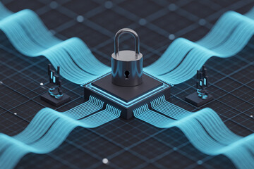 Aufkleber - Digital padlock secured on a futuristic computer chip with glowing blue data streams