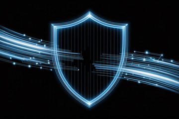 Aufkleber - Glowing blue digital shield symbol protecting against streaks of light and data