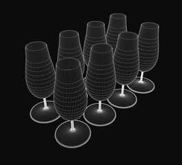 Poster - A group of wine glasses arranged in a 3D wireframe model, each with unique shapes and textures. The black background creates a striking contrast, highlighting the intricate details.