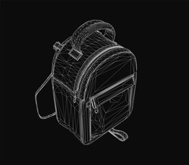 Aufkleber - Stylish backpack wireframe model on a black background, showcasing realistic 3D design details. The mesh structure highlights the bag's shape and contours. Perfect for tech, fashion.