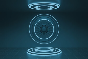 Aufkleber - Futuristic holographic interface with glowing blue circular elements and a central eye symbol