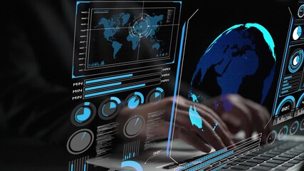 Poster - High-tech global network connection interface showing worldwide digital communication, data exchange, and internet connectivity. Global connection, data interaction, and worldwide communication. Thunk