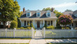 © Main Muhammad Adeel  - Classic American suburban house with picket fence, front yard, bright sunny day, family style