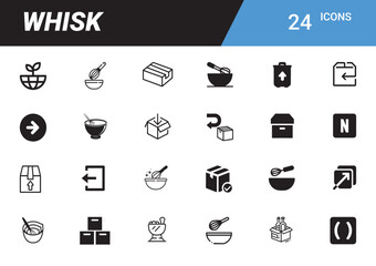 Poster - Whisk Icons Set: A comprehensive collection of 24 minimalist line icons representing diverse concepts related to the whisk. Each icon showcases a clean design suitable for various digital interfaces.