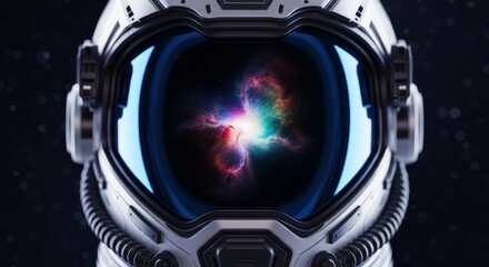 Poster - Futuristic Astronaut Helmet Reflection - A detailed close-up of a futuristic astronaut helmet visor reflecting a vibrant nebula.