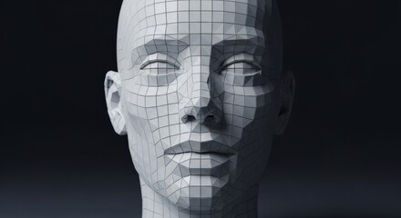 Poster - Geometric Human Head Model - Wireframe model of a human head, showcasing a low-polygonal design against a dark background. Ideal for tech, AI, and futuristic concepts