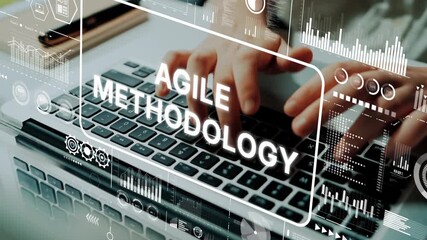 Poster - Hands Typing on Laptop with Agile Methodology Graphics and Digital Interface Elements for Project Management Concept. Asymptotic smart data analytic.