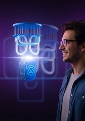 Poster - Man Interacting with Futuristic Technology - A man looks in amazement at a floating, glowing technological device. Innovative and futuristic design