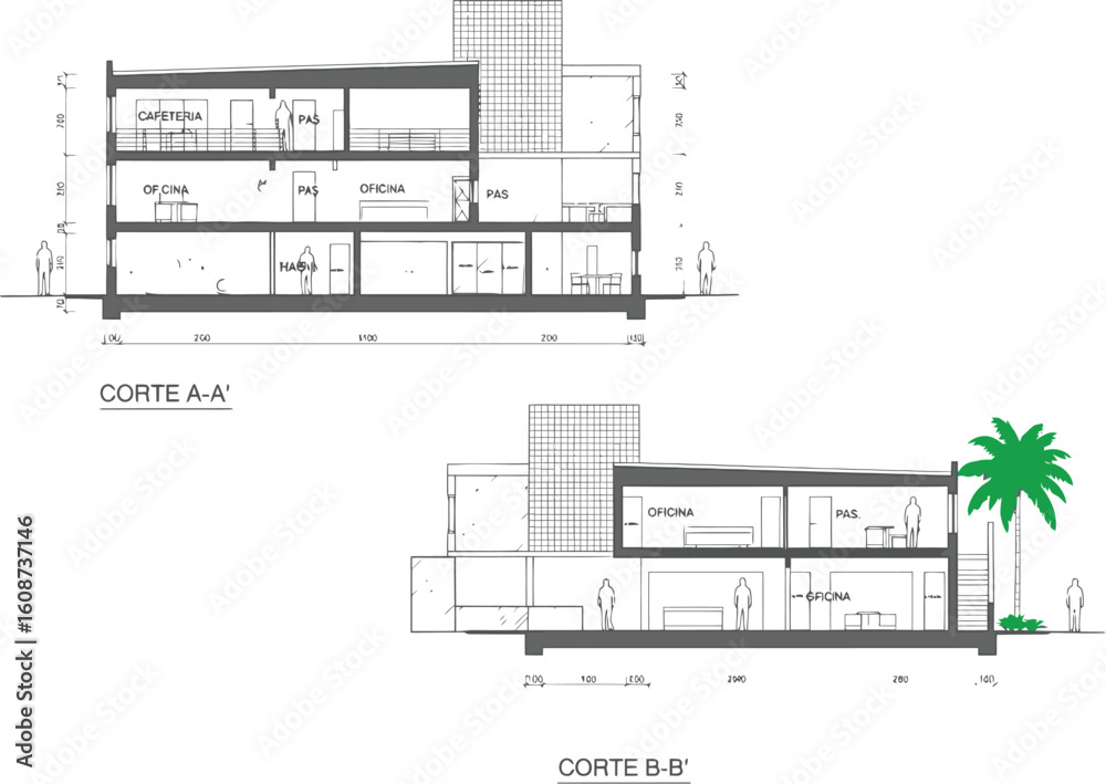 Architectural cross section and elevation drawings of a modern multi ...