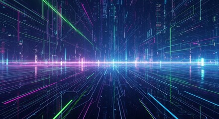 Poster - Cityscape at Night - Futuristic city, glowing lines, neon lights, technological advancement, world. Symbolizing progress, innovation, connectivity, speed, and the future
