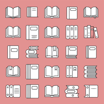 Collection of Book Icons in Minimalist Style Vector Illustration for Education and Literature Related Designs on Salmon Background