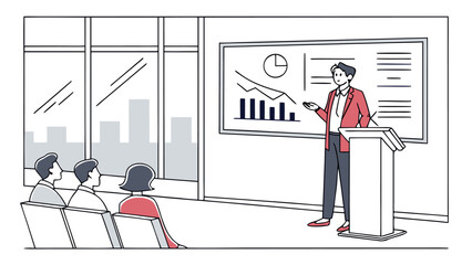 Poster - Presentation scene showing a speaker presenting data to an audience in a conference room setting