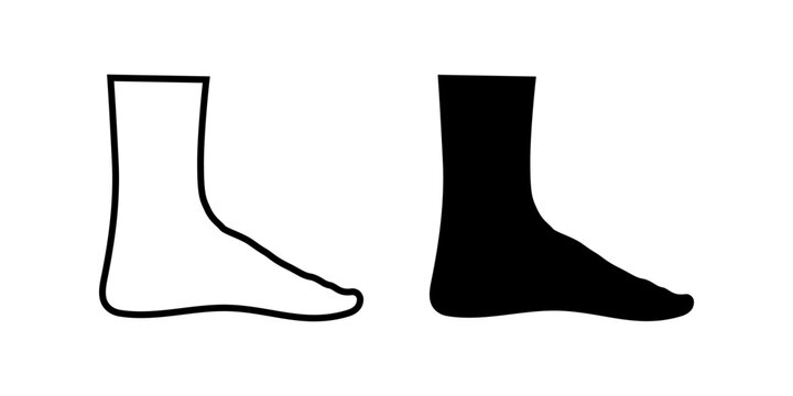 Leg icon set. A simple black and white illustration of human feet. One foot is shown as a black silhouette, and the other is an outline version. Good for education or anatomy.