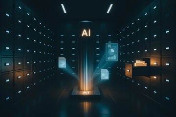 Poster - AI Data Processing: An artistic depiction of data processing, with data documents emerging from a central server illuminated within a futuristic storage environment.