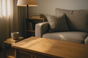 Poster - Cozy Living Room Interior: A warm, inviting living room bathed in soft natural light, featuring a comfortable sofa, a wooden coffee table, a lamp, and a stack of books creating a serene ambiance.