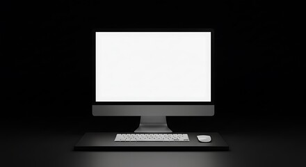 Aufkleber - Computer setup featuring a blank white screen, keyboard, and mouse on a dark surface against a black background.