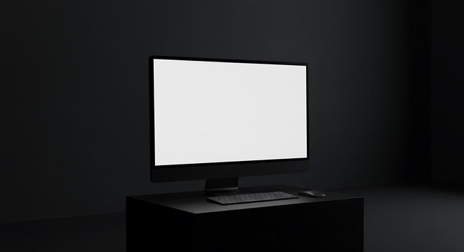 A modern, sleek black computer with a blank white screen sits on a black platform in a dark, minimalist room setting.