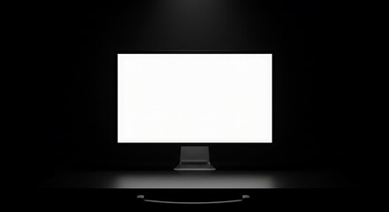 Aufkleber - A modern computer monitor with a blank white screen sits on a dark surface against a black background, illuminated by a spotlight.