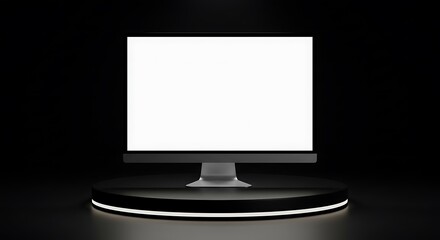 Aufkleber - Computer monitor with a blank white screen displayed on a black circular platform against a dark background.