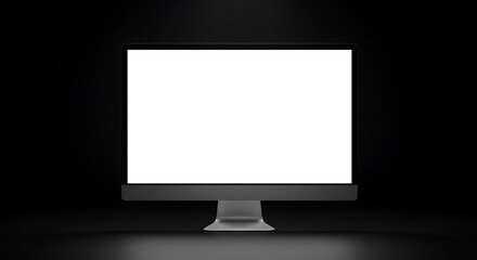 Aufkleber - A modern computer monitor with a blank white screen stands against a dark background, illuminated by soft lighting.