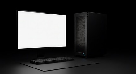 Aufkleber - A computer setup featuring a blank white monitor screen, a keyboard, a mousepad, and a desktop tower, all against a dark background.