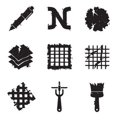 Poster - A collection of nine grunge style icons and symbols in various shapes and designs.