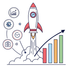 Poster - Illustration of a rocket launch with rising bar graph and icons representing business growth and development