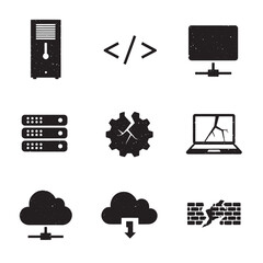 Poster - Black and white technology icons representing server failure and data loss in a grunge style