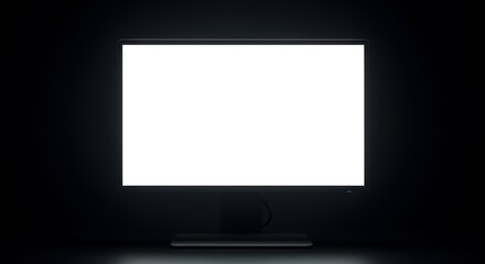 Aufkleber - A computer monitor displays a bright white screen against a dark background, creating a stark contrast. The monitor is centered, illuminating the surrounding area.