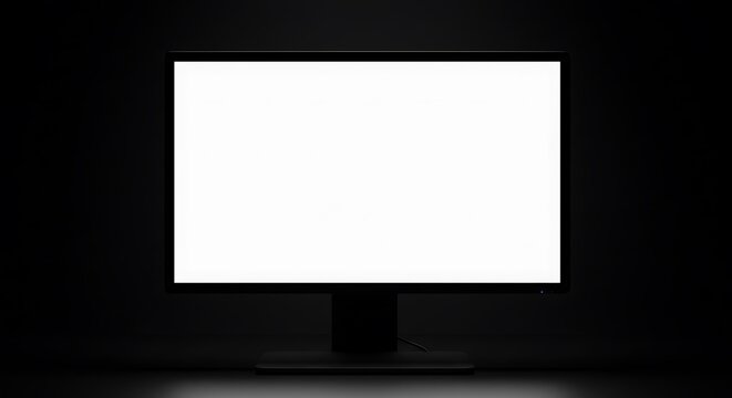 A computer monitor with a bright white screen stands against a dark, shadowy background, creating a strong contrast.