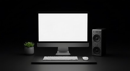 Aufkleber - A modern computer setup featuring a blank screen monitor, keyboard, mouse, speaker, and small potted plant on a dark surface against a black background.