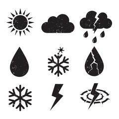 Poster - Weather icons collection in a grunge style showcasing sun cloud rain snow lightning and more