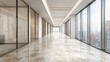 © Subin - Modern office corridor with glass walls and polished marble floor, showcasing urban architecture and elegance.