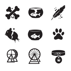 Poster - Black and white pet icons featuring bones fish feathers paw prints hamster wheels and collar
