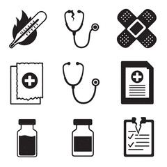 Poster - Healthcare and medical icon set featuring stethoscope thermometer bandage and prescription documents