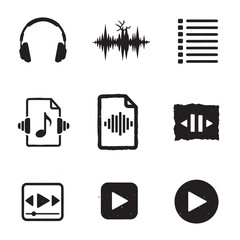 Poster - Set of isolated music icons representing sound headphones audio playback and music notation.