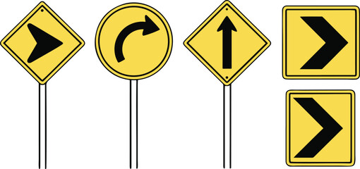 Poster - Isolated yellow traffic signs, black borders, road signs vector set, diamond, circle, rectangle, arrows, minimal flat design, editable driving icon collection
