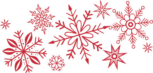 Poster - Isolated winter snowflake icon pack, red symmetrical designs, geometric snowflakes, flat minimal style, festive holiday decoration symbols, editable vector art