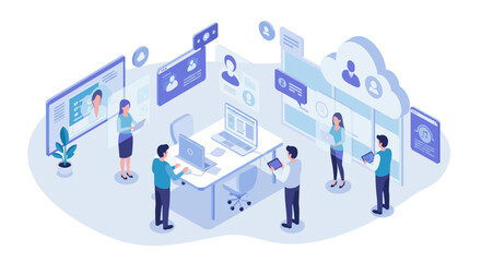 Poster - Collaborative office environment with isometric digital technology and cloud integration