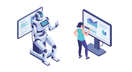 Poster - Isometric ai robot collaborating with analyst at digital data screen