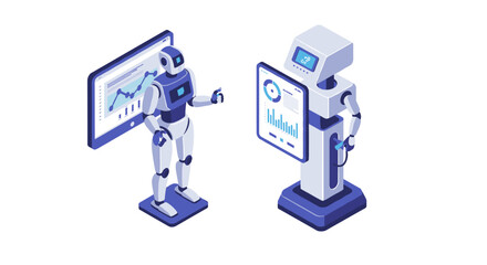 Poster - Futuristic isometric robots analyzing data on digital screens